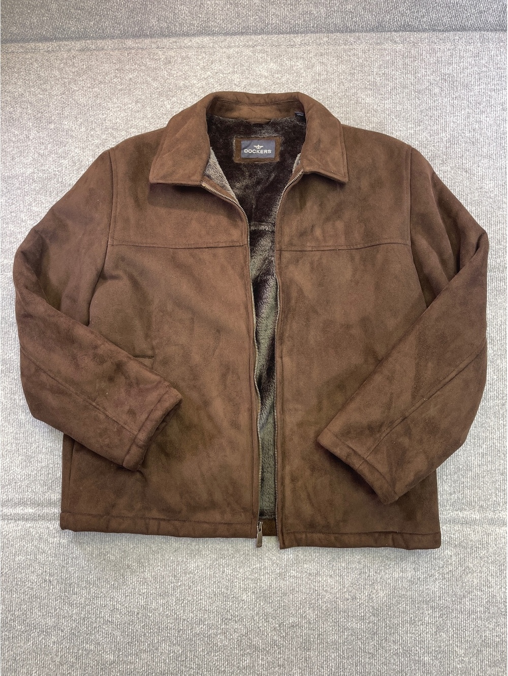 Dockers Mens Jacket Large Brown Faux Suede Sherpa Fleece Lined Full Zip Coat